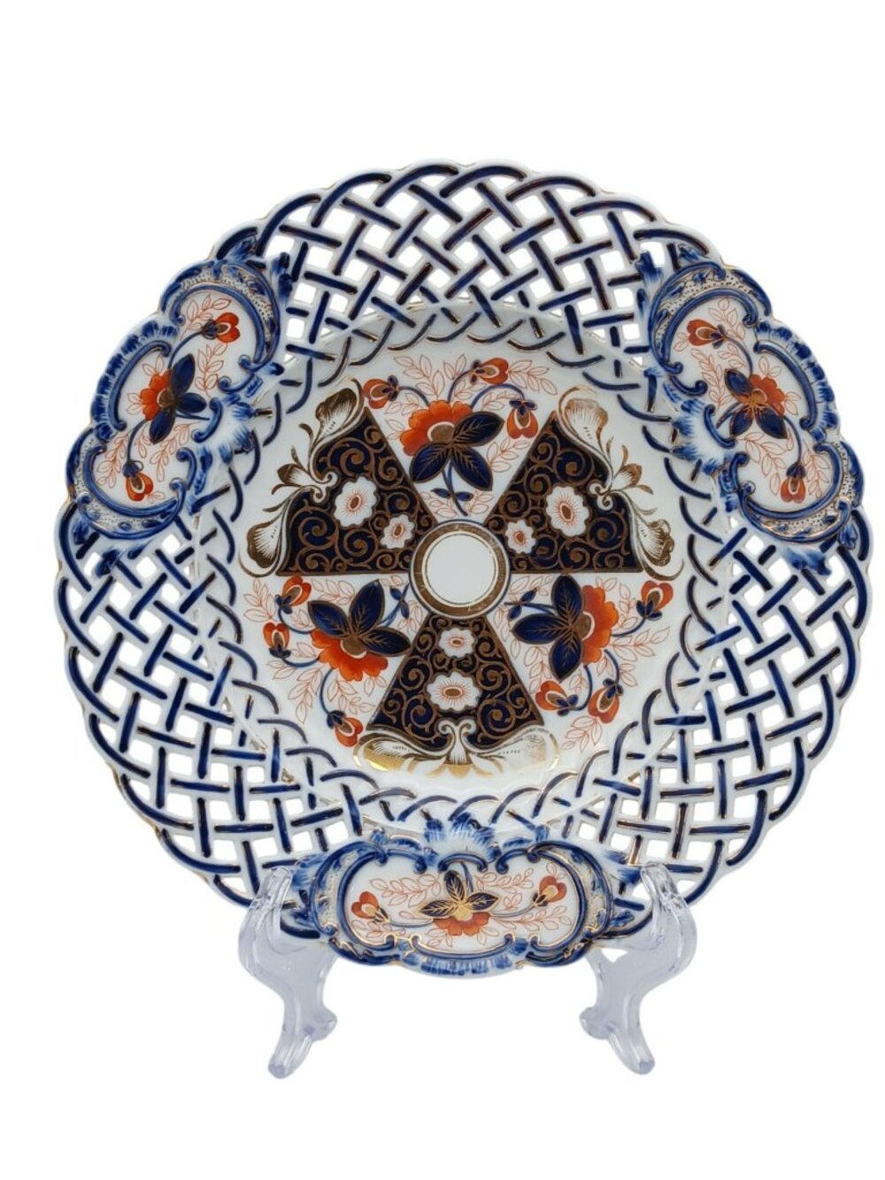 Imari Reticulated Plate Royal Crown Derby Style Porcelain 9.5" Cobalt Gold